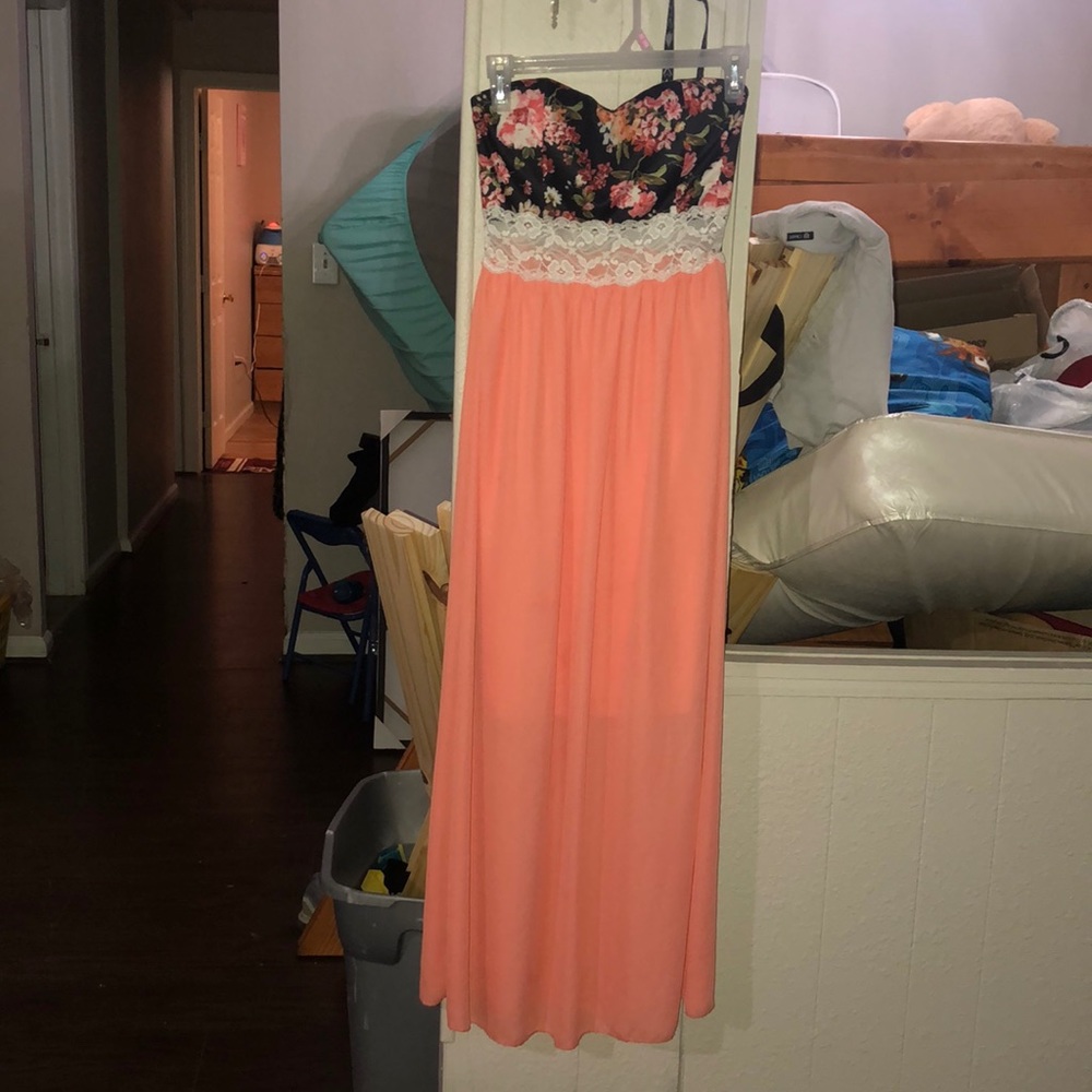 coral floral long dress